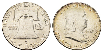 США 1/2 доллара (50 центов) 1948 Бенджамин Франклин, колокол KM 199 серебро aUNC 3711-1432