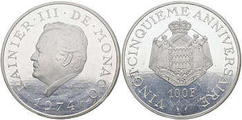 Монако 100 франков 1974 25 лет правления князя Ренье III, запайка, в оригинальной коробке KM 3 серебро PROOF 3-4-7-13