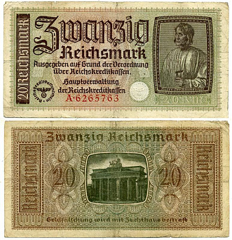 ГЕРМАНИЯ 20 РЕЙХСМАРОК 1940-1945 ДЛЯ ОККУПИРОВАННЫХ ТЕРРИТОРИЙ Pick R139 бумага 3295-64-3