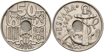 Испания 50 сентимо 1963 (65) Франсиско Франко (1939-1975), морская атрибутика KM 777  медно-никель    4153-154