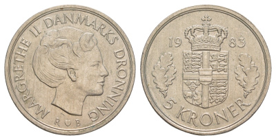 Дания 5 крон 1983 Маргрете II (1972-2024) KM 863 медно-никель 4653-422