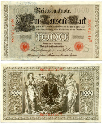 Германия 1000 марок 1910 21 апреля 1910, красная печать, номер семизначный, серия M, буква S, выпуск АВГУСТ 1922 Pick 44, Роземберг 45с бумага VF 8606-40-2-2