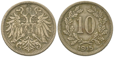 Австрия 10 геллеров 1915 Франц Иосиф I (1848-1916), императорский герб KM 2822 медь цинк никель 4618-666