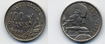 ФРАНЦИЯ 100 ФРАНКОВ 1955 KM 919.1 медно-никель 51-4745