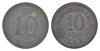 Гюстров 10 пфеннигов 1916 Лагерь для военнопленных IX A.K. Men05 9961.5, Men18 12411.5 цинк 1527-1414