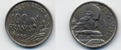 ФРАНЦИЯ 100 ФРАНКОВ 1955 KM 919.1 медно-никель 51-4745
