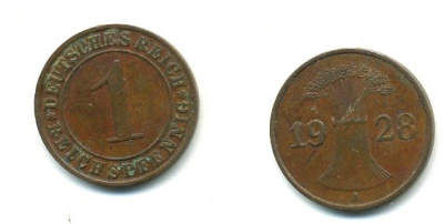 ГЕРМАНИЯ 1 РЕЙХСПФЕННИГ 1928 A KM 37, J.313 бронза 46-855