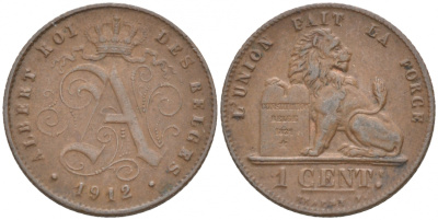 БЕЛЬГИЯ 1 САНТИМ 1912 BELGES KM 76 медь 4549-969