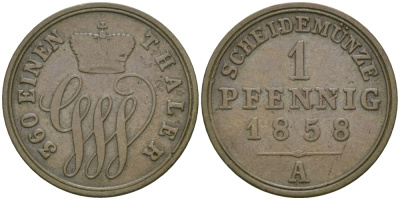 Шаумбург-Липпе 1 пфенниг 1858 А, Георг Вильгельм (1787-1860) KM 38 медь 99-765
