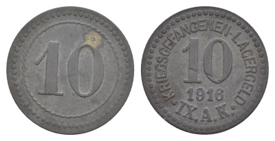 Гюстров 10 пфеннигов 1916 Лагерь для военнопленных IX A.K. Men05 9961.5, Men18 12411.5 цинк 1527-1414