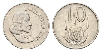 ЮАР 10 центов 1965 Ян ван Рибек (1619-1677), South Africa, легенда на африкаанс, цветок алоэ KM 68.1 никель 4694-557