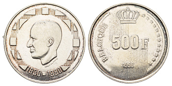 Бельгия 500 франков 1990 60 лет со дня рождения Короля Бодуэна, Belgique KM 179 серебро 413-1243