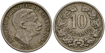 Люксембург 10 сантимов 1901 Адольф (1890-1905) KM 25 медно-никель 4602-444