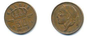 БЕЛЬГИЯ 50 САНТИМОВ 1957 BELGIE KM 149.1 бронза 86-1312