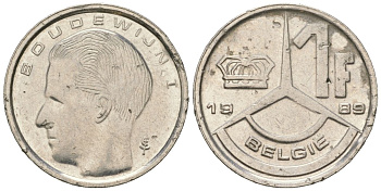 Бельгия 1 франк 1989 BELGIQUE, Бодуэн I (1951-1993) KM 170 нержавеющая сталь 4532-659