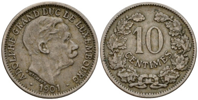 Люксембург 10 сантимов 1901 Адольф (1890-1905) KM 25 медно-никель 4602-444