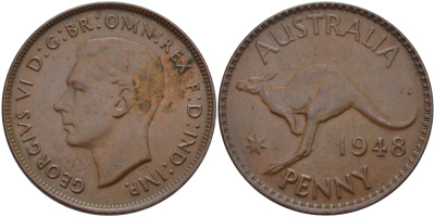 АВСТРАЛИЯ 1 ПЕННИ 1948 m, ГЕОРГ VI (1936-1952), КЕНГУРУ KM 36 бронза 82-745