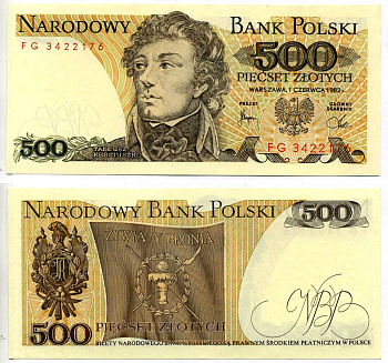 Польша 500 злотых 1982 Тадеуш Костюшко Pick 145 d бумага UNC (пресс) 7222-15-2-2