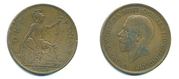 Великобритания 1 пенни 1928 Георг V (1910-1936) КМ 826, Spink 4054 бронза 4383-635