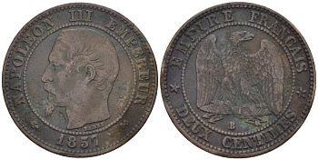 ФРАНЦИЯ 2 САНТИМА 1857 В, НАПОЛЕОН III KM 776.2 бронза 100-356