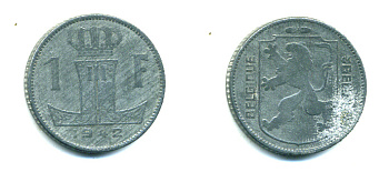 БЕЛЬГИЯ 1 ФРАНК 1942 BELGIQUE-BELGIE, ГЕРМАНСКАЯ ОККУПАЦИЯ, ВТОРАЯ МИРОВАЯ ВОЙНА KM 127 цинк 59-1624