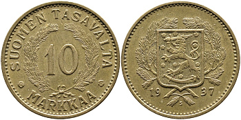 Финляндия 10 марок 1937 S KM 63 алюминиевая бронза 4388-1057