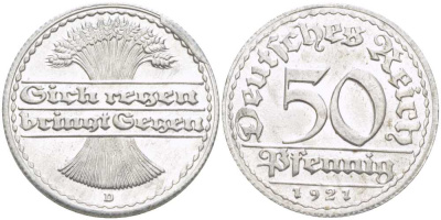 ГЕРМАНИЯ 50 ПФЕННИГОВ 1921 D KM 27, J. 301, Weege 10 алюминий 261-341