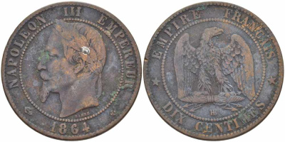ФРАНЦИЯ 10 САНТИМОВ 1864 BB, НАПОЛЕОН III (1852-1870) KM 798.2, LE FRANC 134.12 бронза 4389-825