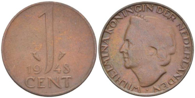 Нидерланды 1 цент 1948 Вильгельмина (1890-1948), год тип KM 175 бронза 211-717