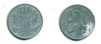 БЕЛЬГИЯ 1 ФРАНК 1942 BELGIQUE-BELGIE, ГЕРМАНСКАЯ ОККУПАЦИЯ, ВТОРАЯ МИРОВАЯ ВОЙНА KM 127 цинк 59-1624