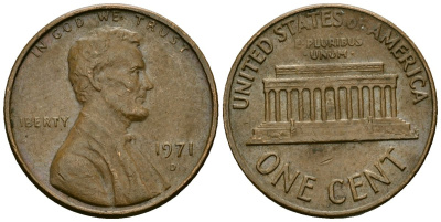 США 1 цент 1971 D, Линкольн KM 201 медь цинк 4136-132