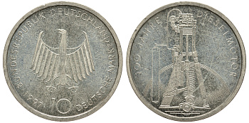 ФРГ 10 марок 1997 F, 100 лет дизельному двигателю KM 192 серебро 413-1814