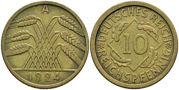 Германия 10 рейхспфеннигов 1924 A KM 40 алюминиевая бронза 4171-321