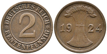 ГЕРМАНИЯ 2 РЕНТЕНПФЕННИГА 1924 F KM 31, J. 307 бронза 24-617