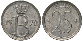 Бельгия 25 сантимов 1970 Belgie, Бодуэн I (1951-1993) KM 154.1 медно-никель 4124-541