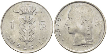 Бельгия 1 франк 1975 Belgie, Бодуэн I (1951-1993) KM 143.1 медно-никель 119-636