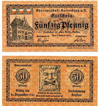 Роттенбург 50 пфеннигов 1918 2 января 1918 - 31 декабря 1921, нотгельд, розовая Grabowski R49.4a бумага 2195-46-2-2