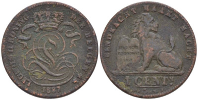 БЕЛЬГИЯ 1 САНТИМ 1887 BELGEN KM 34.1 медь 4546-111
