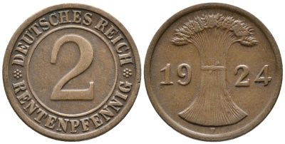 ГЕРМАНИЯ 2 РЕНТЕНПФЕННИГА 1924 F KM 31, J. 307 бронза 24-617