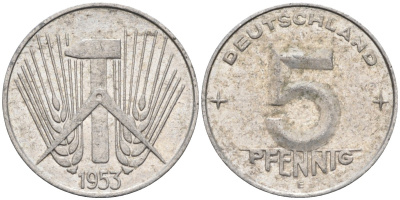 ГДР 5 пфеннигов 1953 E KM 6 алюминий 4585-1041