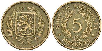 Финляндия 5 марок 1931 S KM 31 алюминиевая бронза 4589-944