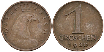 Австрия 1 грош 1930 KM 2836 бронза 4151-1269