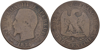 ФРАНЦИЯ 5 САНТИМОВ 1854 B, НАПОЛЕОН III (1852-1870) KM 777.2, LE FRANC 116.9 бронза 28-712