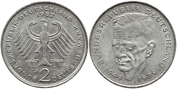 ФРГ 2 МАРКИ 1982 J, КУРТ ШУМАХЕР KM 149, J. 424 медно-никель плакированный никелем 80-211