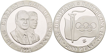 Испания 2000 песет 1991 XXV летние Олимпийские игры 1992 года в Барселоне, флаг, олимпийский огонь KM 887 серебро PROOF 1088-10-51