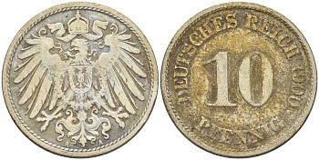 Германия 10 пфеннигов 1900 A KM 12, J. 13, Weege 8 медно-никель 261-1345