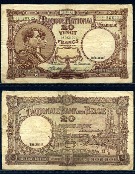 Бельгия 20 франков 1945 20.03.1945, Король Альберт I и его жена Королева Елизавета, Гран-Плас / Гроте Маркт, Брюссель Pick 111 (3) бумага 6301-15-2-2