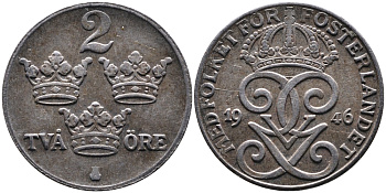 Швеция 2 эре 1946 Густав V (1907-1950) KM 811 железо 4388-1123