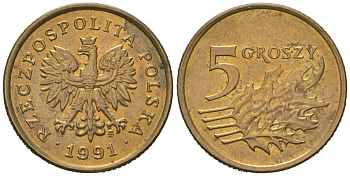 Польша 5 грошей 1991 KM 278 латунь UNC 4549-653