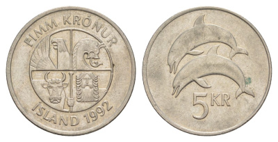 Исландия 5 крон 1992 дельфины KM 28 медно-никель aUNC 4635-131